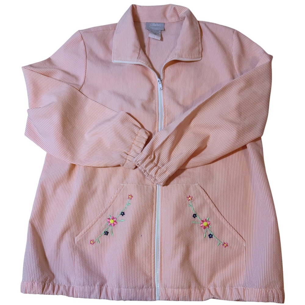 Blair Womens PinkSeersucker Zip Up Jacket Floral Embroidery Stripe Vintage Sz M